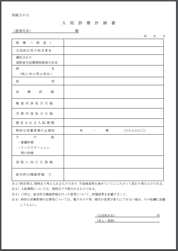 【入院診療計画の基準】医科点数表の解釈への記載内容、基本的な概要と考え方について