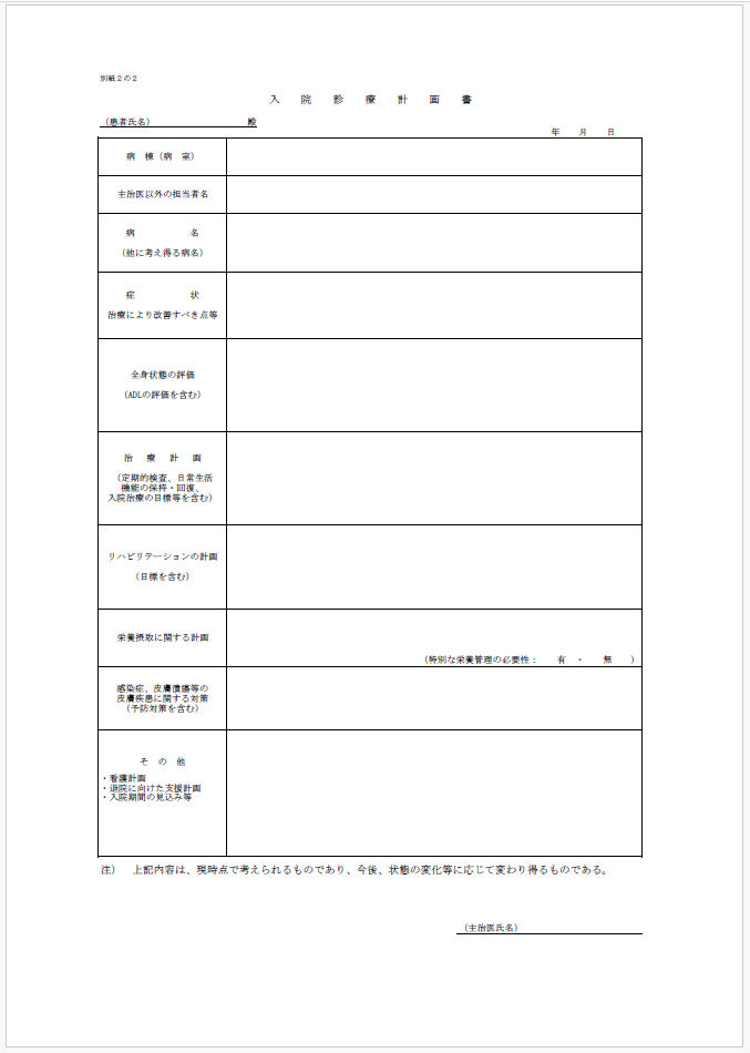 「入院診療計画の基準」について